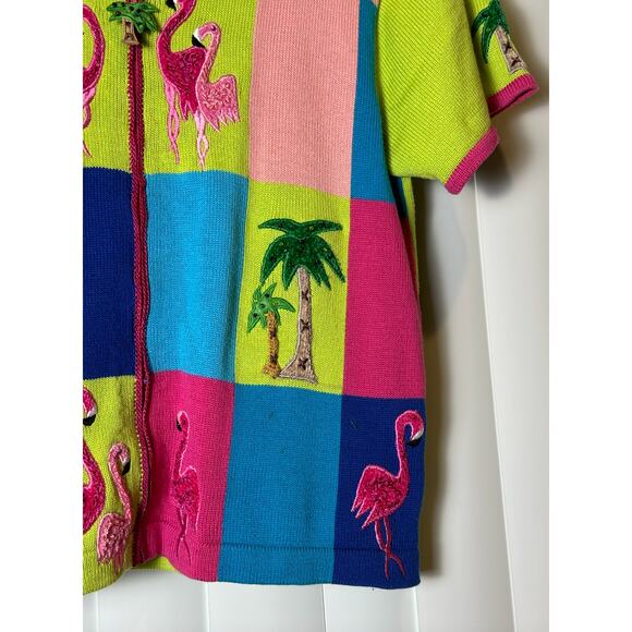 Vintage Jack B Quick Cardigan Sweater Flamingos & Palm Trees Short Sleeve ZipUp - Picture 6 of 16